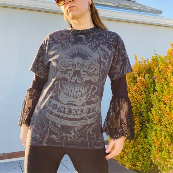 Converse Scull Bones Tattoo Print Black Graphic T-Shirt unisex - Picture 11 of 16